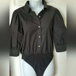 3/$25 Gianni Bini black pouf sleeve button down body suit womens medium chic